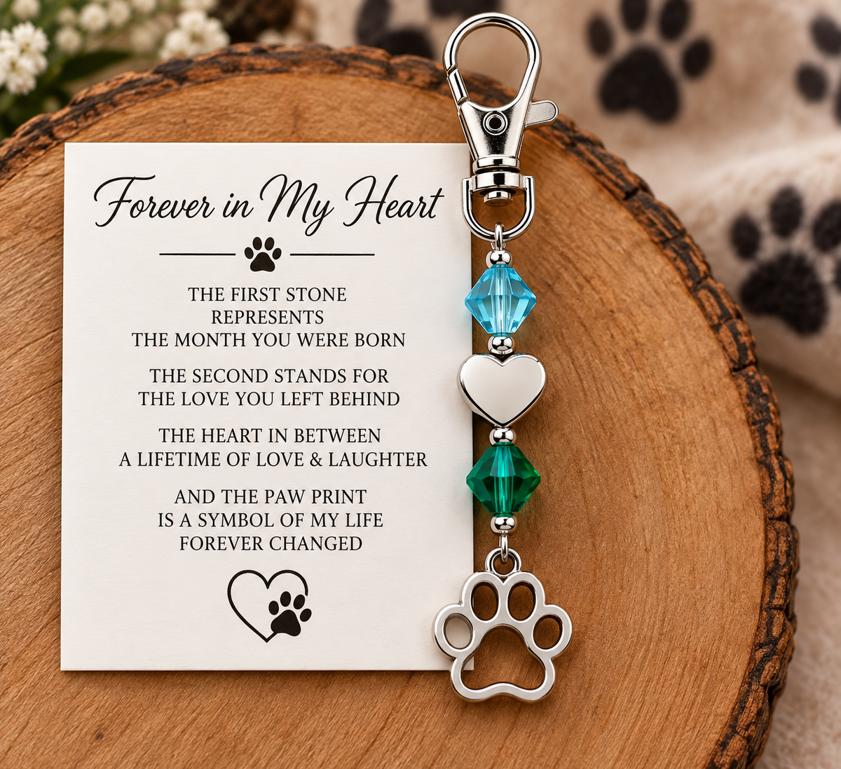 Pet Memorial Birthstone Keychain – Personalized Paw Print Keepsake