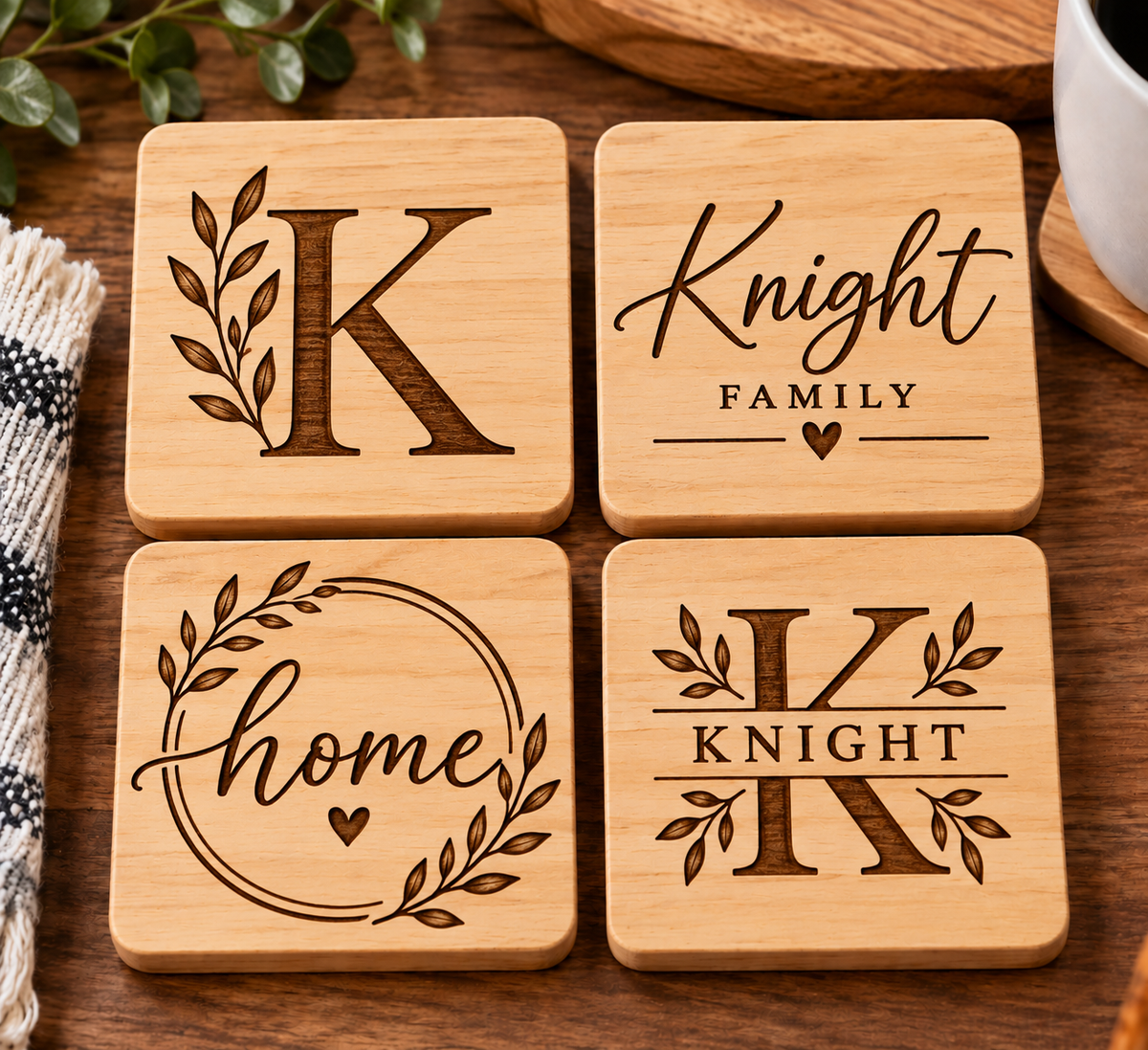 Personalized Wood-Burned Coasters – Custom Set of 4