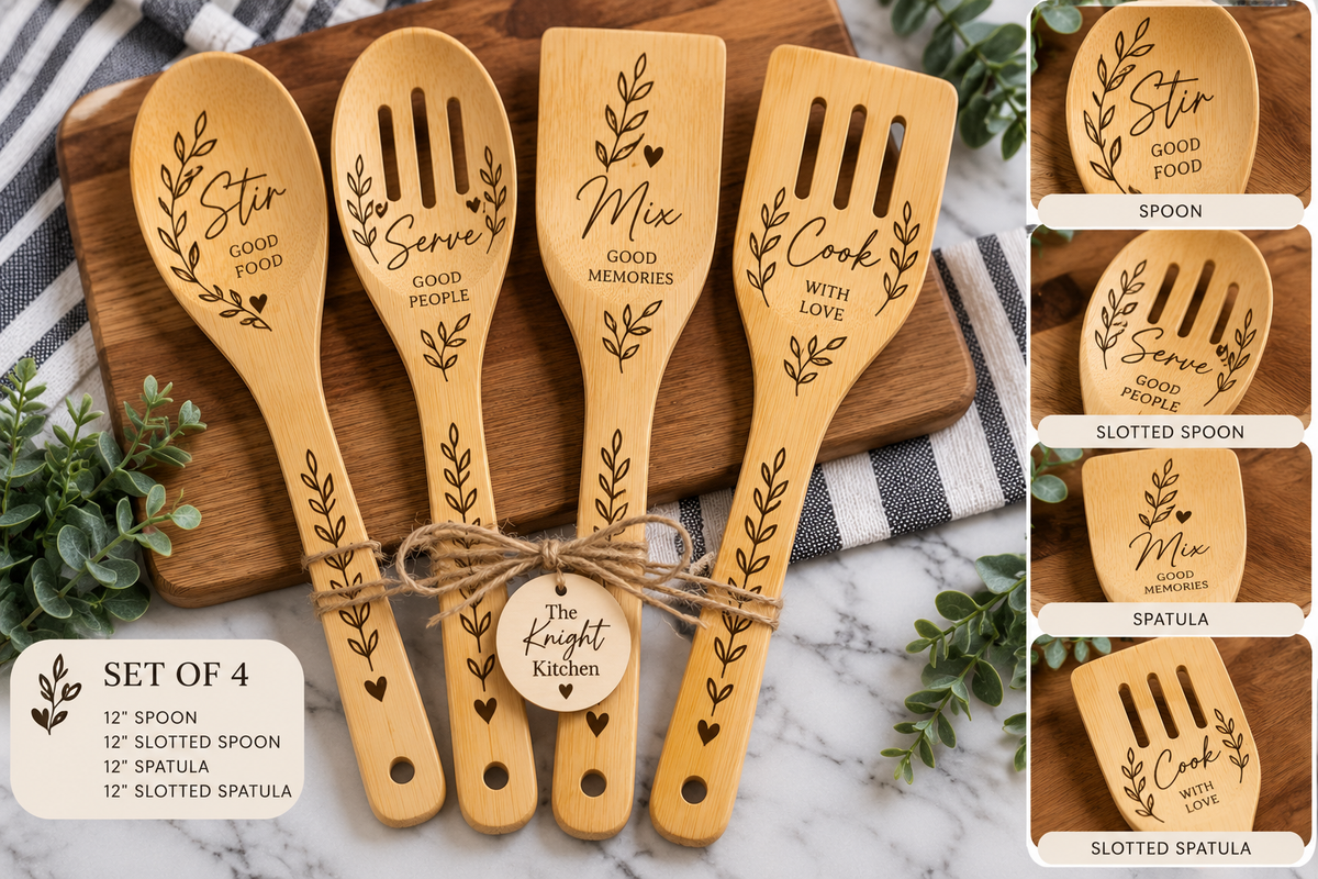 Personalized Bamboo Kitchen Utensil Set – 4-Piece Custom Wood-Burned Set