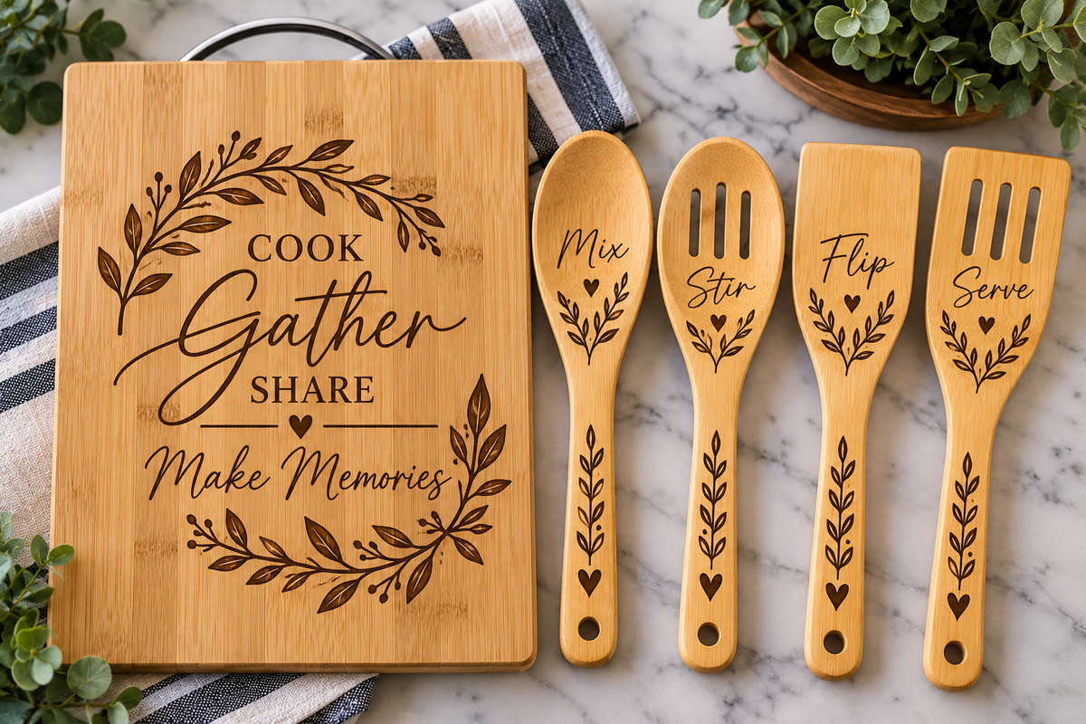 Personalized Bamboo Charcuterie Gift Set – Serving Board & 4 Utensils