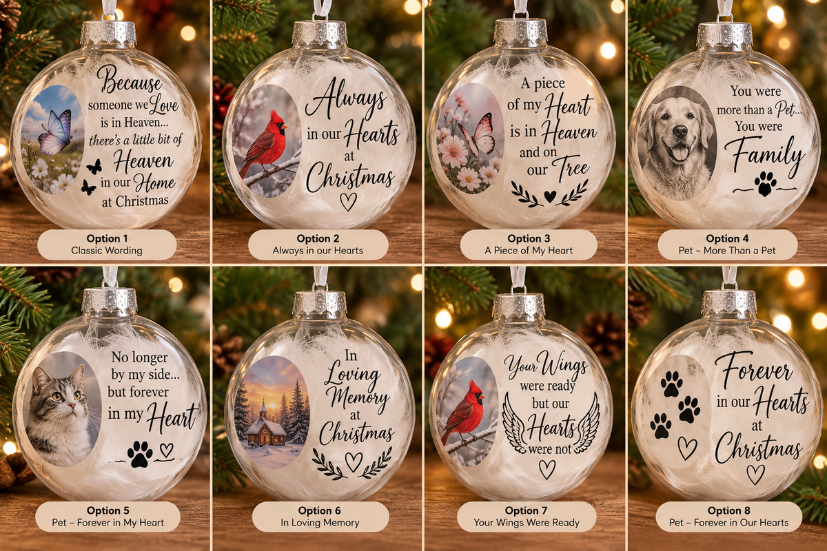 Personalized Memorial Photo Ornament – Custom Remembrance Ornament with White Feathers