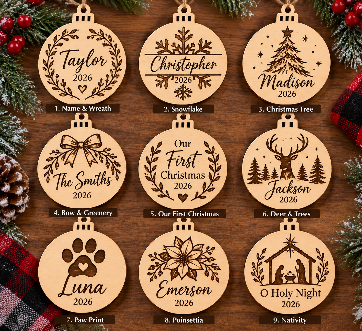 Personalized Wood-Burned Christmas Ornament – Custom Name Keepsake